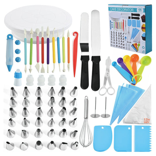 Set Ustensile pentru Ornare si Decorare Prajituri, Platou Rotativ, Spatule si Duze din Inoxidabil, Plastic si Metal, Multicolor, 66 Piese