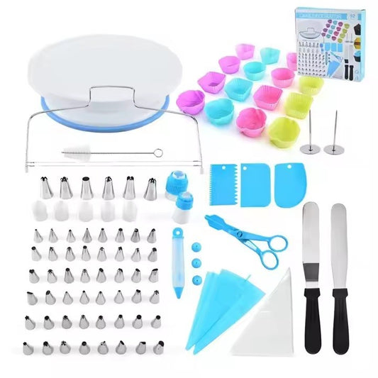 Set Ustensile pentru Ornare Prajituri si Torturi, Kit Complet Decorare cu 54 Capete Posh, Suport Rotativ, Feliator, Spatule si Forme Briose, Otel Inoxidabil si Plastic, 92 Piese, Multicolor