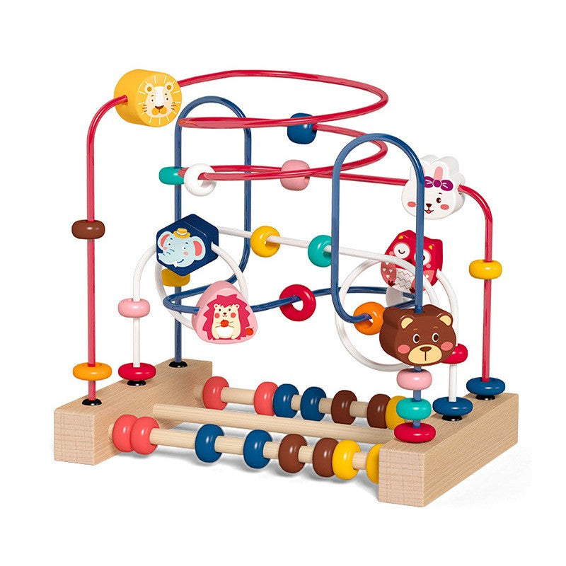 Jucarie Montessori din Lemn, Labirint Motricitate cu Abac si Animalute, Rollercoaster Educativ pentru Coordonare Mana-Ochi, Multicolor, 22.5x22.5x15 cm