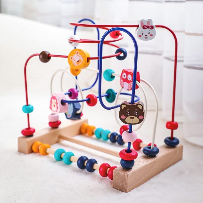 Jucarie Montessori din Lemn, Labirint Motricitate cu Abac si Animalute, Rollercoaster Educativ pentru Coordonare Mana-Ochi, Multicolor, 22.5x22.5x15 cm