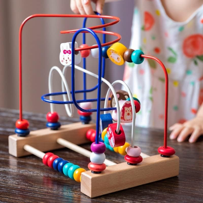 Jucarie Montessori din Lemn, Labirint Motricitate cu Abac si Animalute, Rollercoaster Educativ pentru Coordonare Mana-Ochi, Multicolor, 22.5x22.5x15 cm