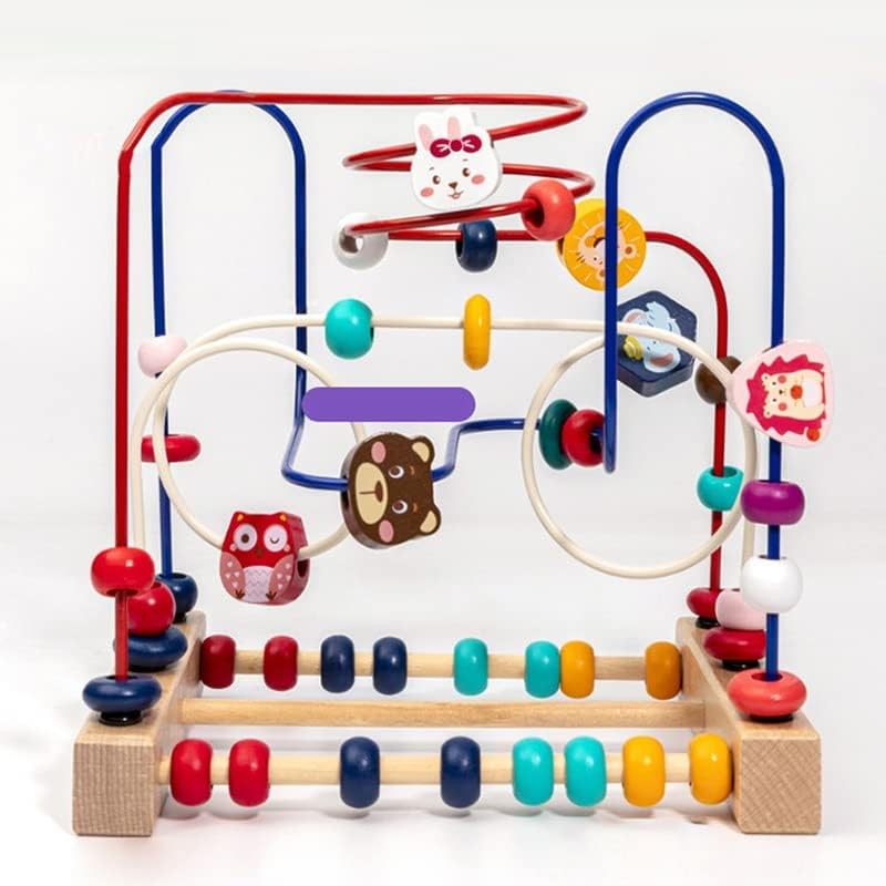 Jucarie Montessori din Lemn, Labirint Motricitate cu Abac si Animalute, Rollercoaster Educativ pentru Coordonare Mana-Ochi, Multicolor, 22.5x22.5x15 cm