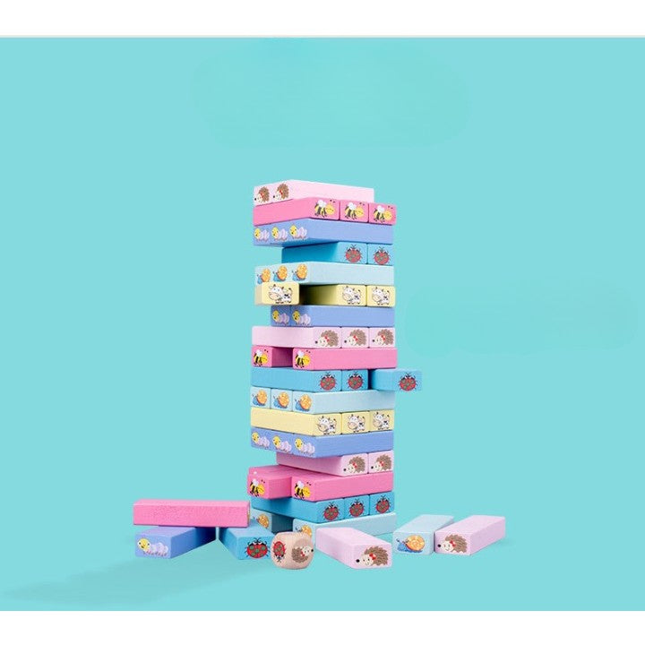 Joc de Societate Tip Jenga pentru Copii, Turn Instabil Interactiv cu Zar, Lemn Natural, 51 Piese Animate, 24.5x18x5 cm, Multicolor