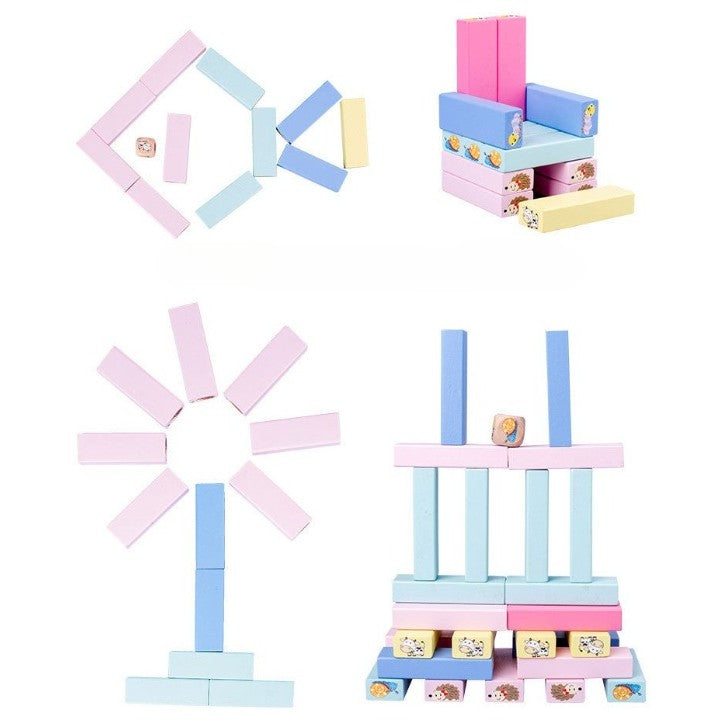 Joc de Societate Tip Jenga pentru Copii, Turn Instabil Interactiv cu Zar, Lemn Natural, 51 Piese Animate, 24.5x18x5 cm, Multicolor