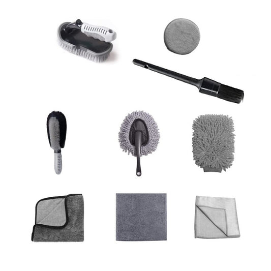 Set Curatare Auto Complet, 9 Piese pentru Detailing Interior si Exterior, Perii Anvelope, Manusa Microfibra, Lavete si Aplicator Ceara, Plastic PP si Nanofibra, Gri