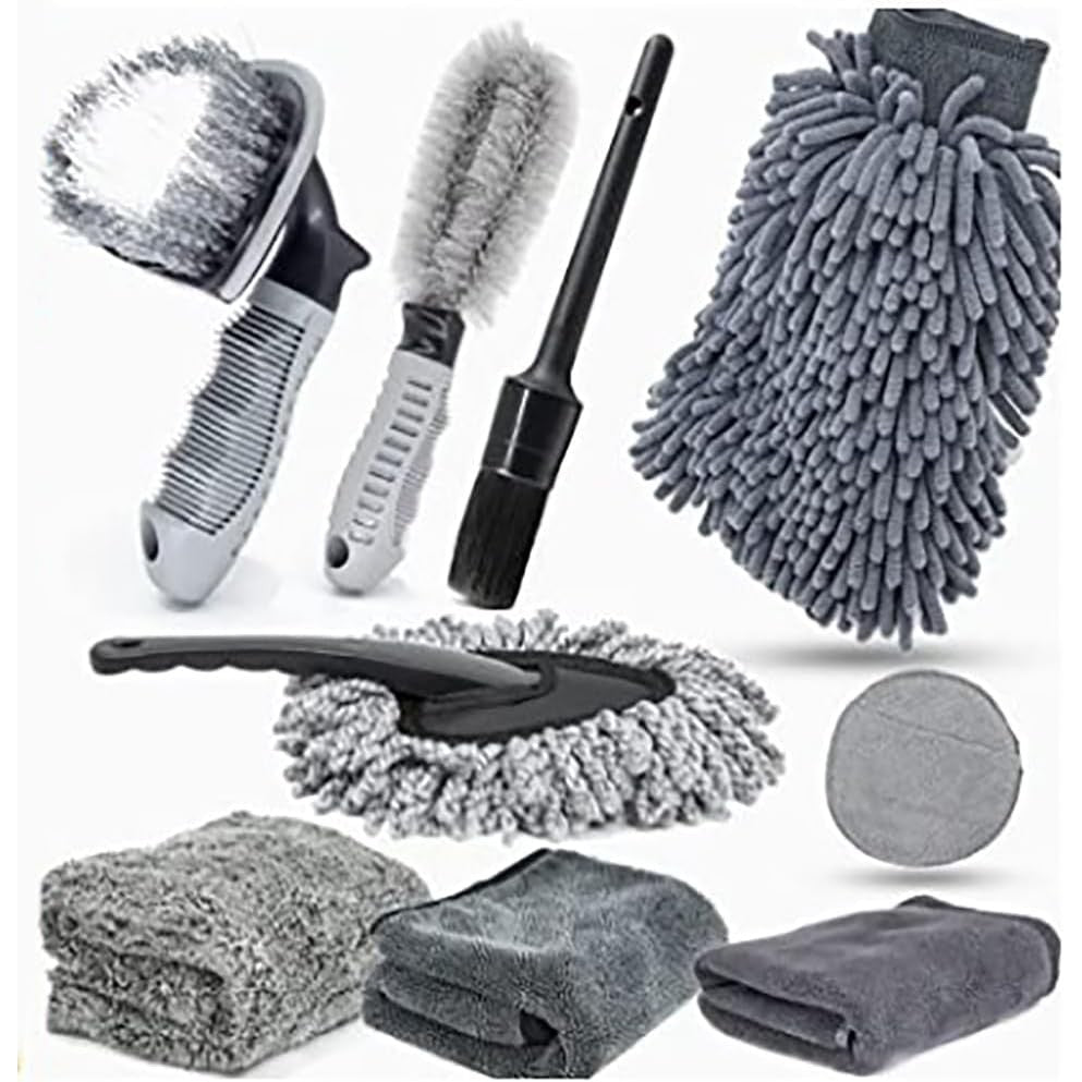 Set Curatare Auto Complet, 9 Piese pentru Detailing Interior si Exterior, Perii Anvelope, Manusa Microfibra, Lavete si Aplicator Ceara, Plastic PP si Nanofibra, Gri