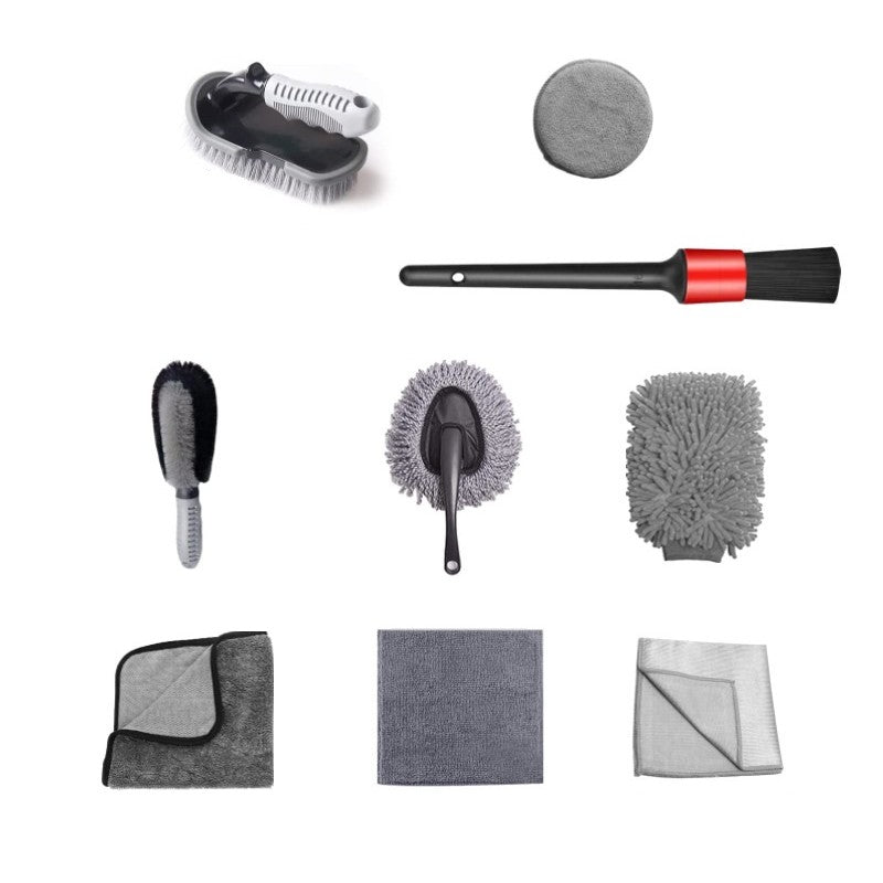 Set 9 Piese pentru Spalat si Detailing Auto, Kit Complet Curatare Exterior si Interior, Microfibra si Plastic, Perii Roti si Lavete, Gri
