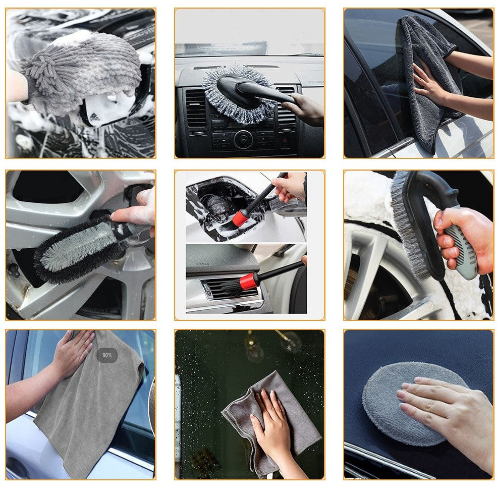 Set 9 Piese pentru Spalat si Detailing Auto, Kit Complet Curatare Exterior si Interior, Microfibra si Plastic, Perii Roti si Lavete, Gri