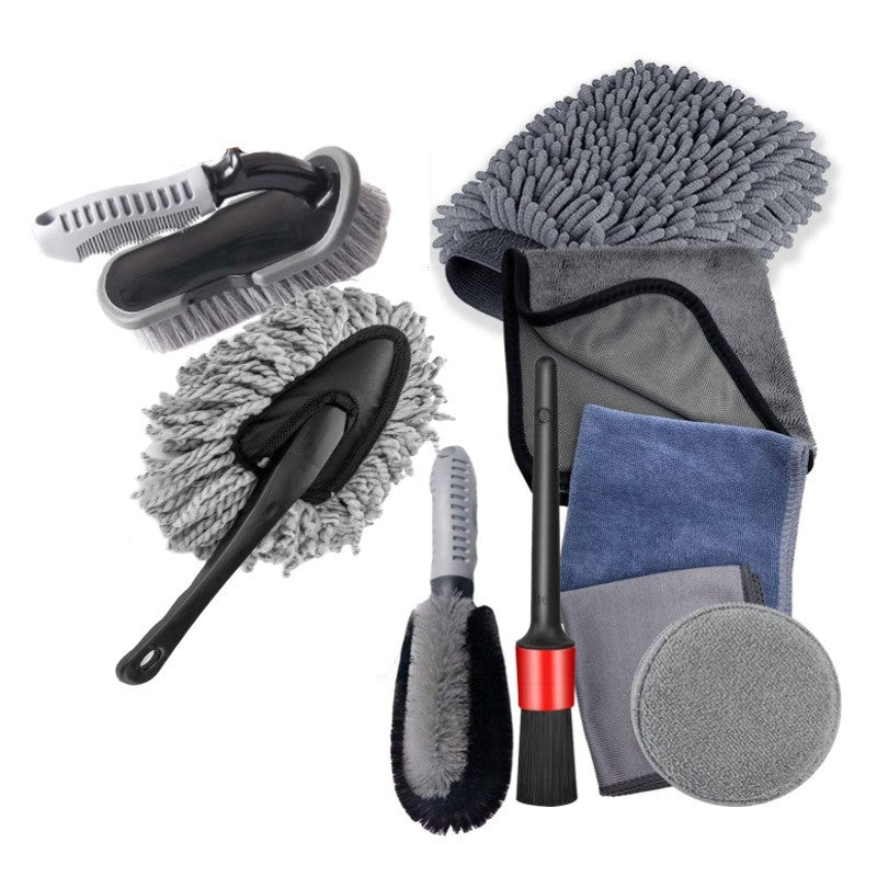 Set 9 Piese pentru Spalat si Detailing Auto, Kit Complet Curatare Exterior si Interior, Microfibra si Plastic, Perii Roti si Lavete, Gri