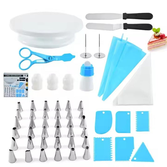 Set Decorare Torturi și Prăjituri cu Suport Rotativ, Ustensile Profesionale pentru Ornare, Oțel Inoxidabil și Plastic, 55 Piese, Multicolor