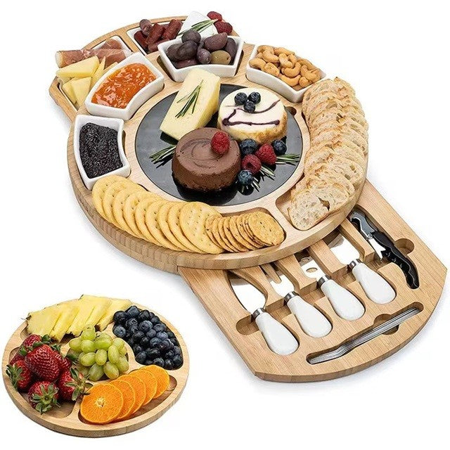 Set Complet Platou Branzeturi si Aperitive, Design Rotund cu Placa Ardezie si Accesorii Vin, Lemn si Ceramica, 18 Piese, Maro