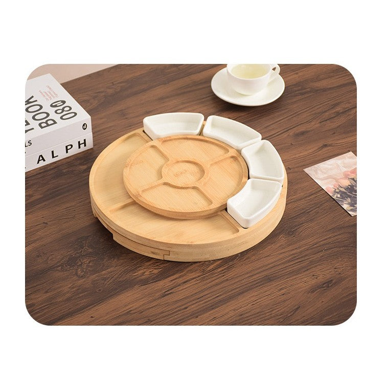 Set Complet Platou Branzeturi si Aperitive, Design Rotund cu Placa Ardezie si Accesorii Vin, Lemn si Ceramica, 18 Piese, Maro