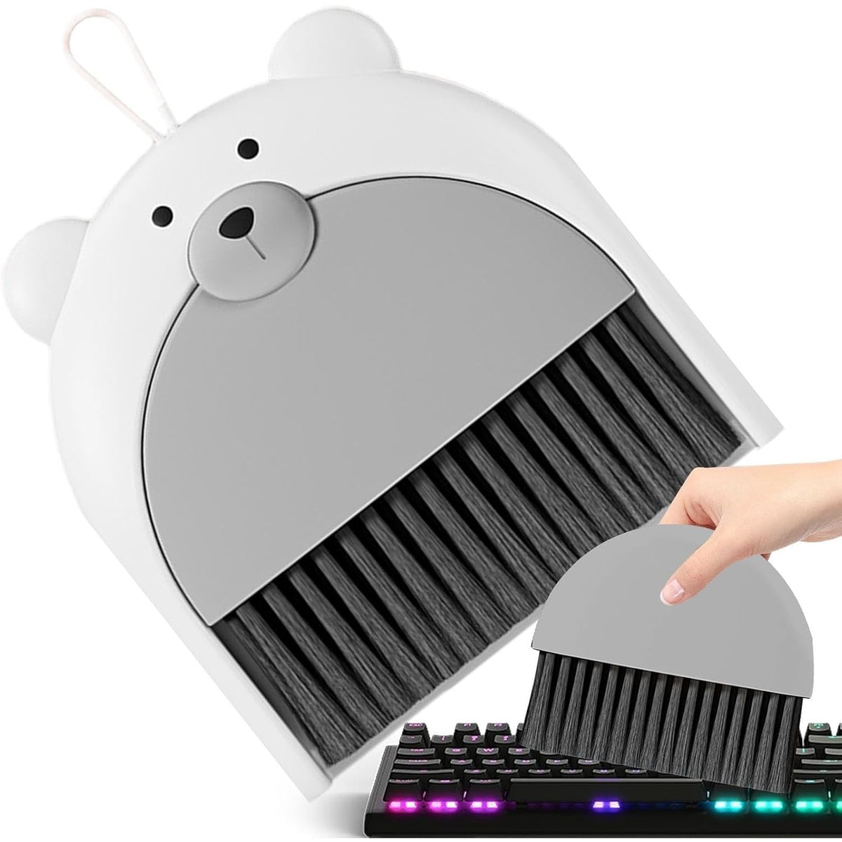 Set Mini Mătură și Făraș pentru Birou și Tastatură, Design Model Ursulet, Material PP și Plastic Moale, 23.5 x 18 cm, Gri
