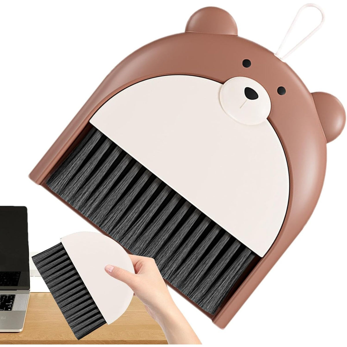 Set Mini Matura si Faras pentru Birou, Design Ursulet cu Snur de Agatare, Perie Fina 2 in 1, Material PP, 23.5 x 18 cm, Maro