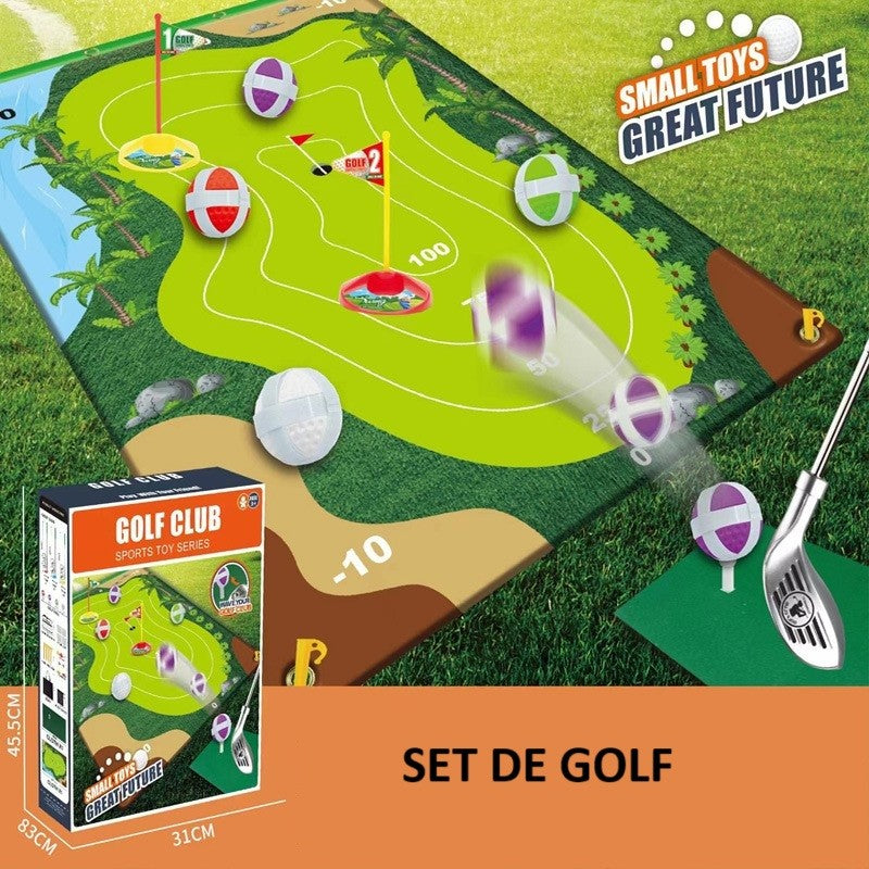 Set de Golf pentru Copii, Joc Interactiv Parinte-Copil cu Covor Textil Mare, 3 Crose Reglabile, 4 Mingi cu Scai, Accesorii Fixare, 140 x 98 cm, Multicolor, +3 Ani