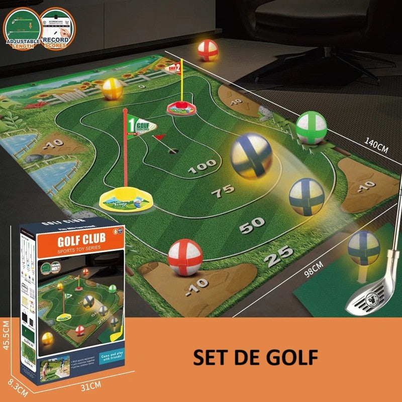 Set de Golf Interactiv pentru Copii, Joc Educativ cu 3 Crose Reglabile si 4 Mingi cu Scai, Covor Textil 140 x 98 cm, Accesorii Fixare, +3 Ani, Multicolor