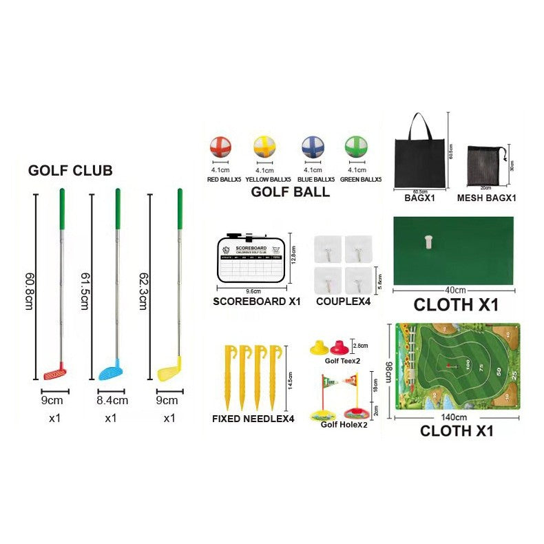 Set de Golf Interactiv pentru Copii, Joc Educativ cu 3 Crose Reglabile si 4 Mingi cu Scai, Covor Textil 140 x 98 cm, Accesorii Fixare, +3 Ani, Multicolor