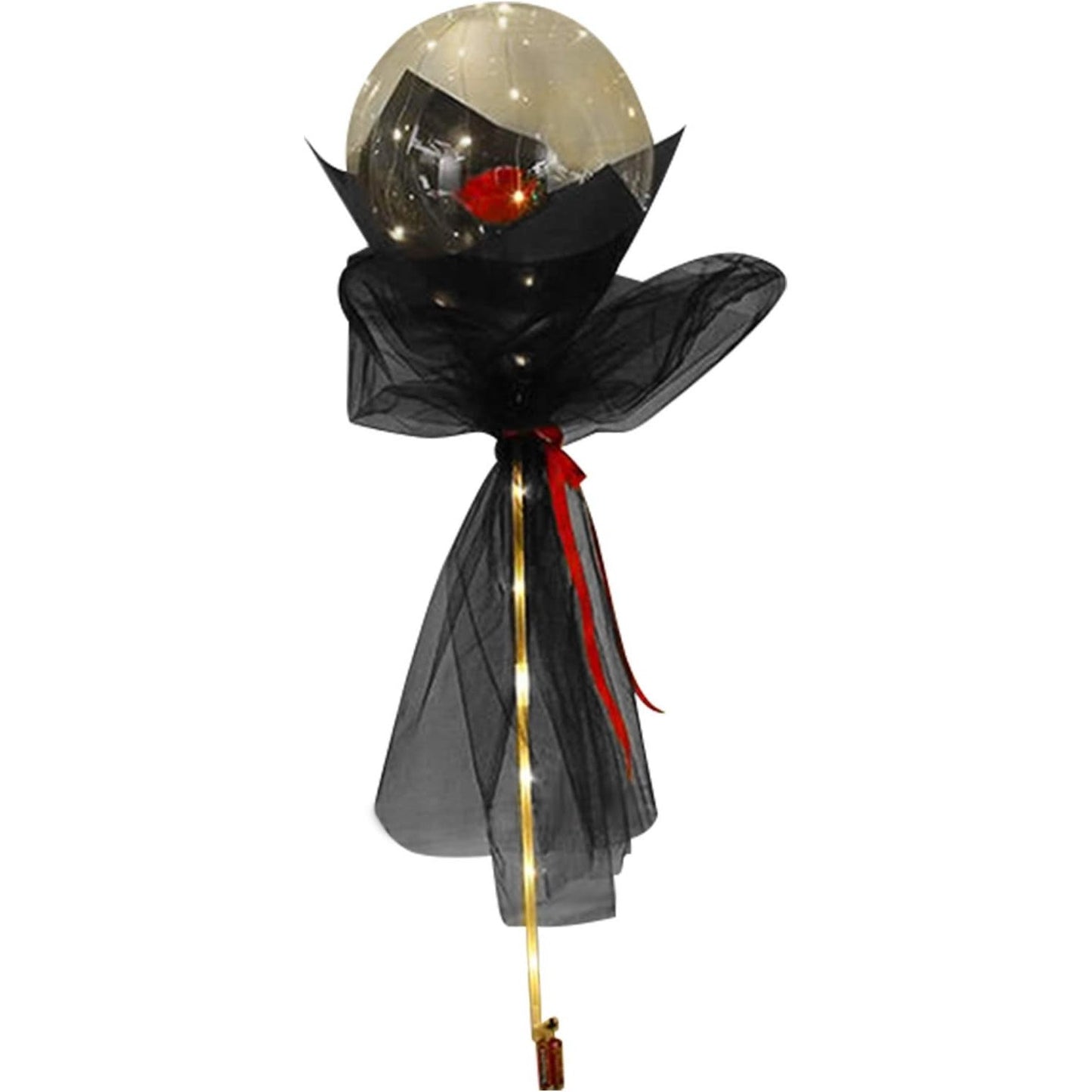 Buchet Decorativ Trandafir in Balon cu Lumini LED, Set Asamblare DIY cu 30 LED-uri, Latex si Tulle, 35 cm, Rosu/Negru