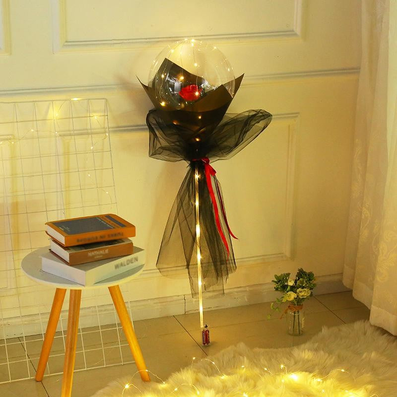 Buchet Decorativ Trandafir in Balon cu Lumini LED, Set Asamblare DIY cu 30 LED-uri, Latex si Tulle, 35 cm, Rosu/Negru