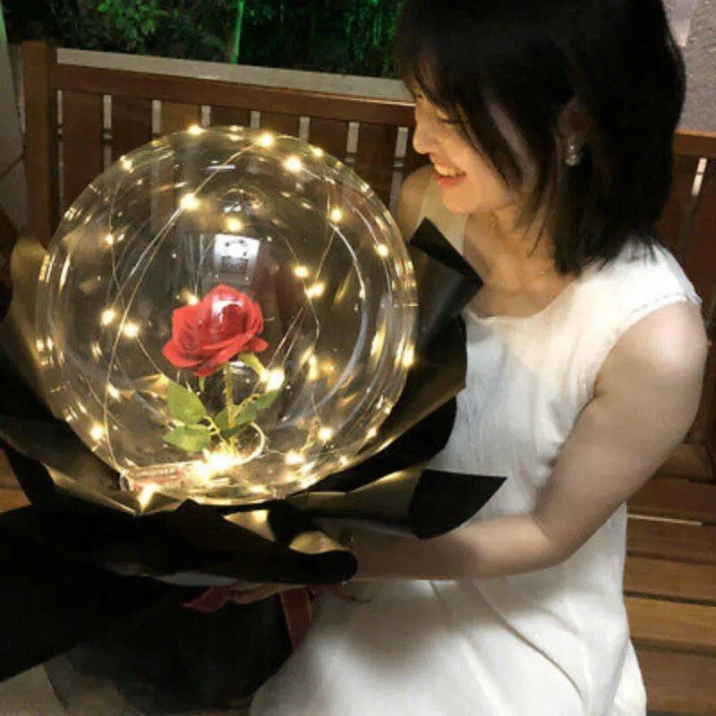Buchet Decorativ Trandafir in Balon cu Lumini LED, Set Asamblare DIY cu 30 LED-uri, Latex si Tulle, 35 cm, Rosu/Negru