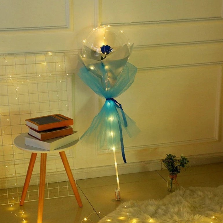 Set Trandafir In Balon Cu Lumini LED, Buchet Cadou Decorativ, Latex Si Material Textil, Diametru 35 cm, Albastru