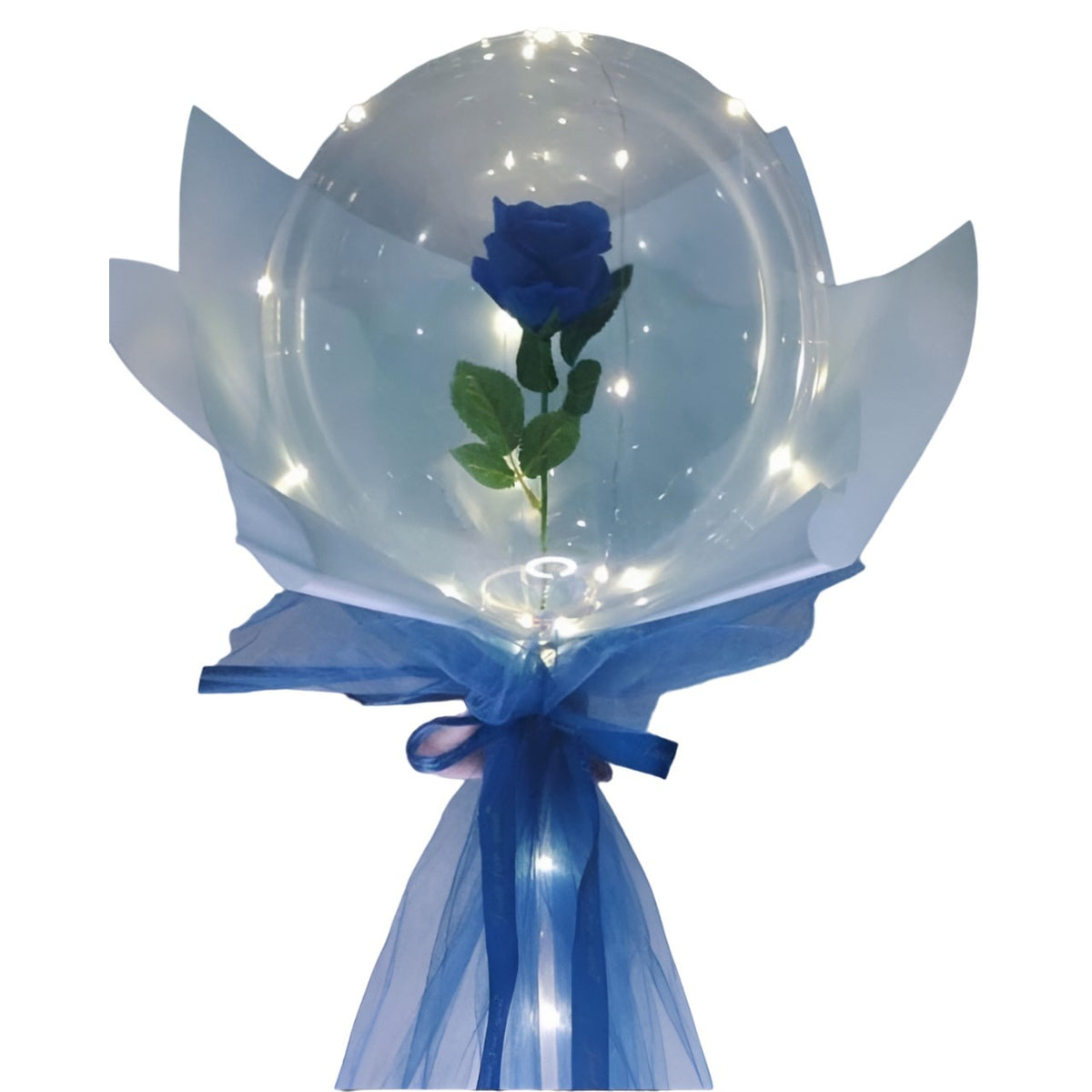 Set Trandafir In Balon Cu Lumini LED, Buchet Cadou Decorativ, Latex Si Material Textil, Diametru 35 cm, Albastru