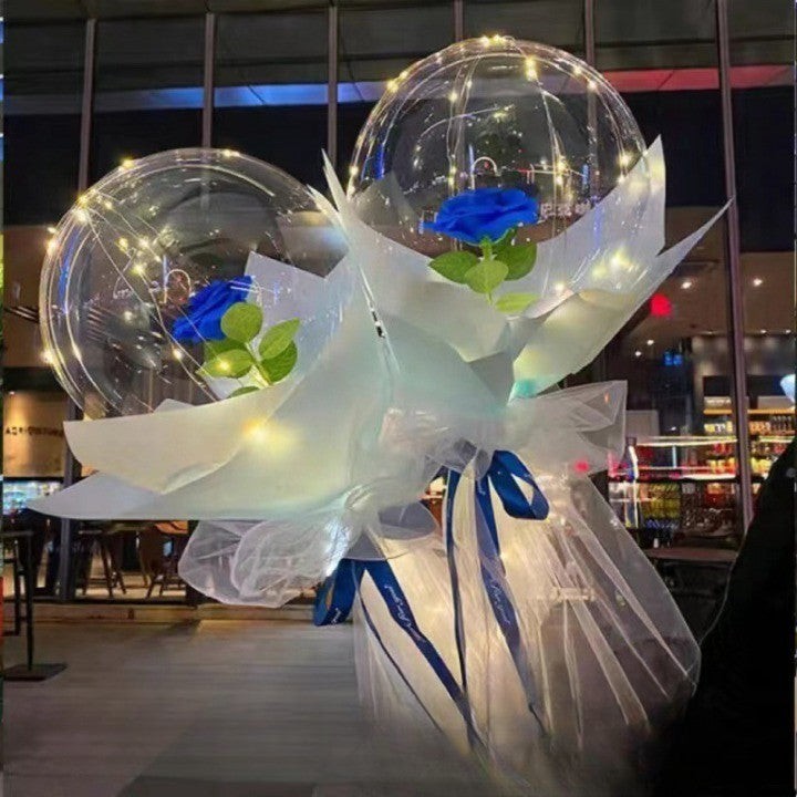 Set Trandafir In Balon Cu Lumini LED, Buchet Cadou Decorativ, Latex Si Material Textil, Diametru 35 cm, Albastru