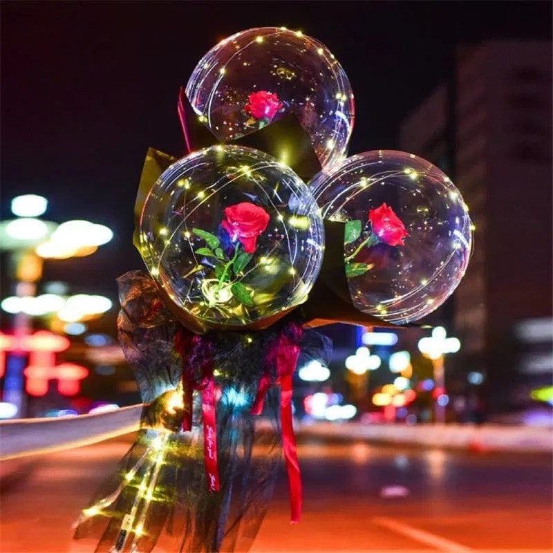 Buchet Decorativ, Trandafir Artificial in Balon Transparent cu Lumini LED, Set Asamblare DIY, Decoratiuni Evenimente, Diametru 35 cm, Rosu/Negru