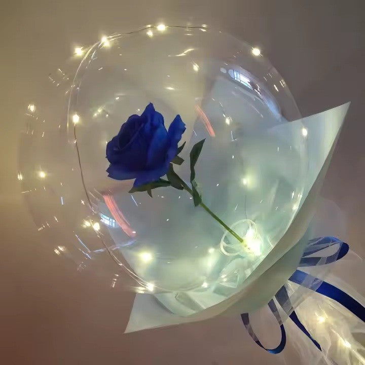 Buchet Decorativ Trandafir in Balon cu Lumini LED, Set Asamblare DIY cu Tulle si Panglica, Latex si Plastic, Diametru 35 cm, Albastru/Alb