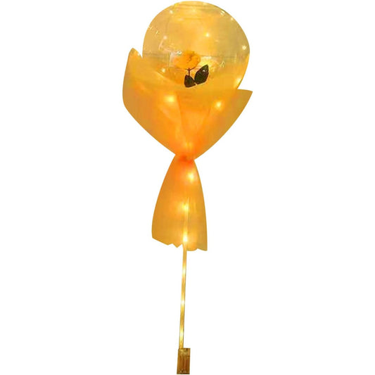 Buchet Decorativ, Trandafir Artificial in Balon cu Instaltie 30 LED, Kit Complet Asamblare Manuala, Latex si Tulle, 35 cm, Sampanie