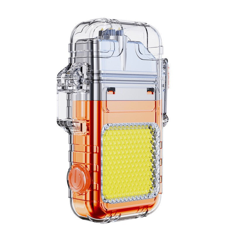 Lanterna Tip Breloc cu Bricheta Electrica, Tehnologie COB 220 Lumeni, Impermeabila IP65, Incarcare USB-C, 3 Moduri Iluminare, Acumulator 300 mAh, ABS si Aliaj Zinc, 7.4 x 4.9 x 1.7 cm, Portocaliu