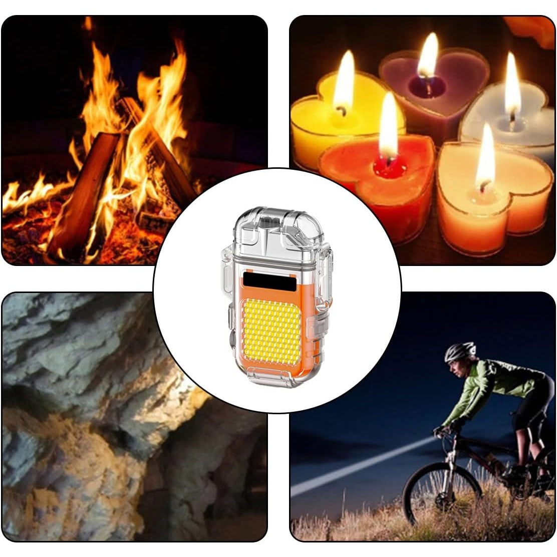 Lanterna Tip Breloc cu Bricheta Electrica, Tehnologie COB 220 Lumeni, Impermeabila IP65, Incarcare USB-C, 3 Moduri Iluminare, Acumulator 300 mAh, ABS si Aliaj Zinc, 7.4 x 4.9 x 1.7 cm, Portocaliu