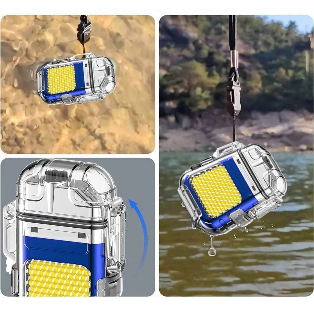 Lanterna Tip Breloc cu Bricheta Electrica, LED COB 220 Lumeni, Impermeabila IP65, Incarcare USB-C, 3 Moduri Iluminare, ABS si Aliaj Zinc, 7.4 x 4.9 cm, Albastru