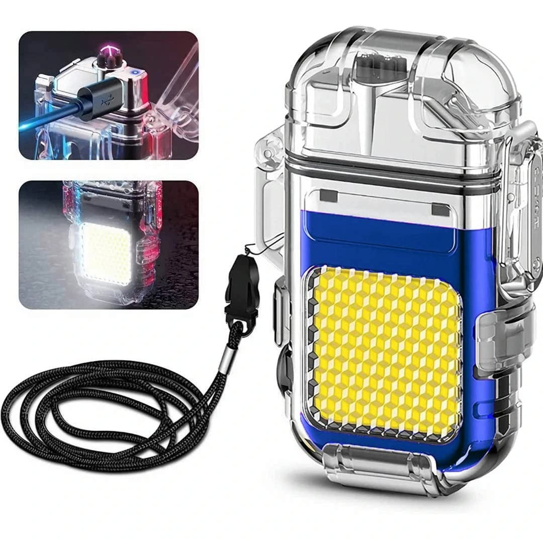 Lanterna Tip Breloc cu Bricheta Electrica, LED COB 220 Lumeni, Impermeabila IP65, Incarcare USB-C, 3 Moduri Iluminare, ABS si Aliaj Zinc, 7.4 x 4.9 cm, Albastru