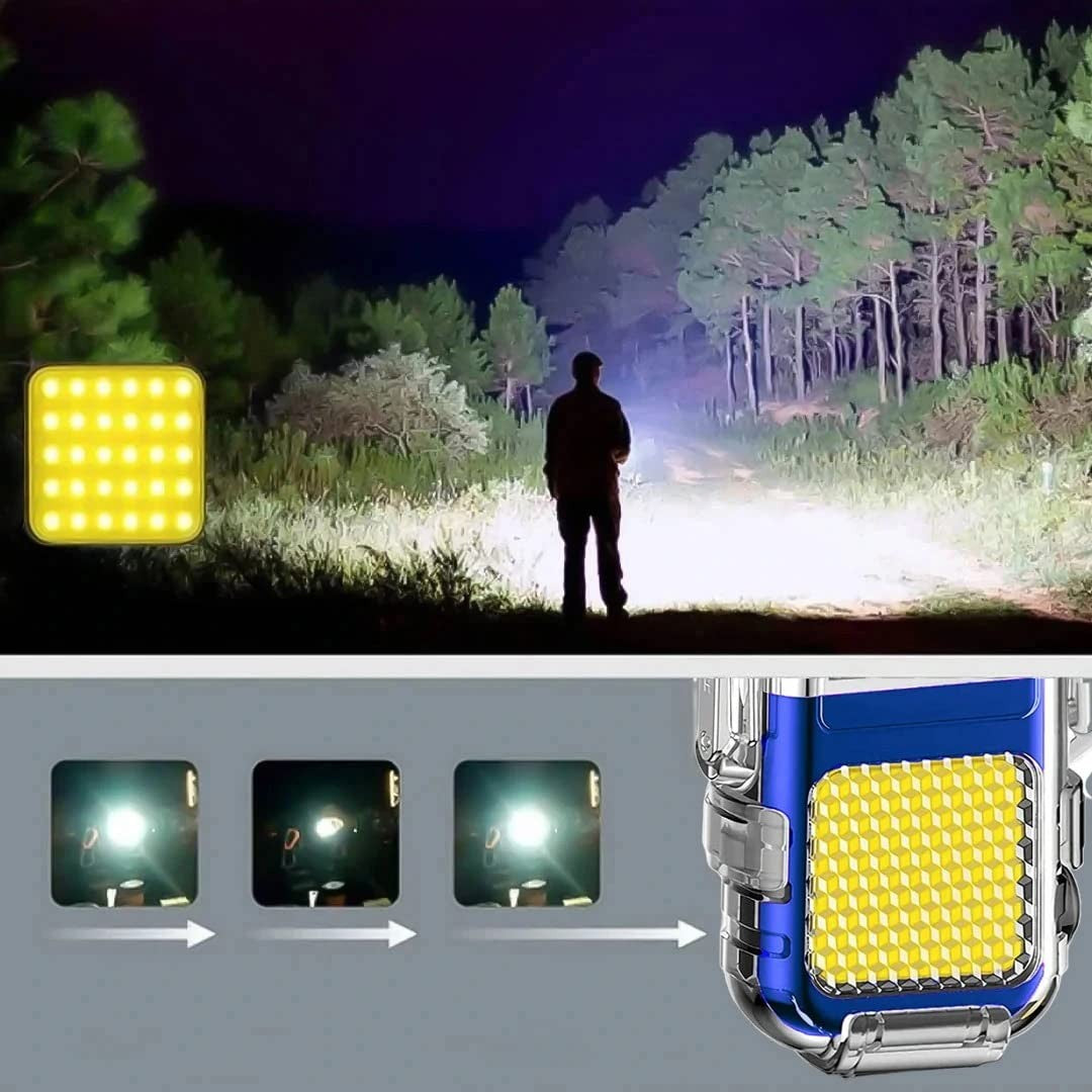 Lanterna Tip Breloc cu Bricheta Electrica, LED COB 220 Lumeni, Impermeabila IP65, Incarcare USB-C, 3 Moduri Iluminare, ABS si Aliaj Zinc, 7.4 x 4.9 cm, Albastru