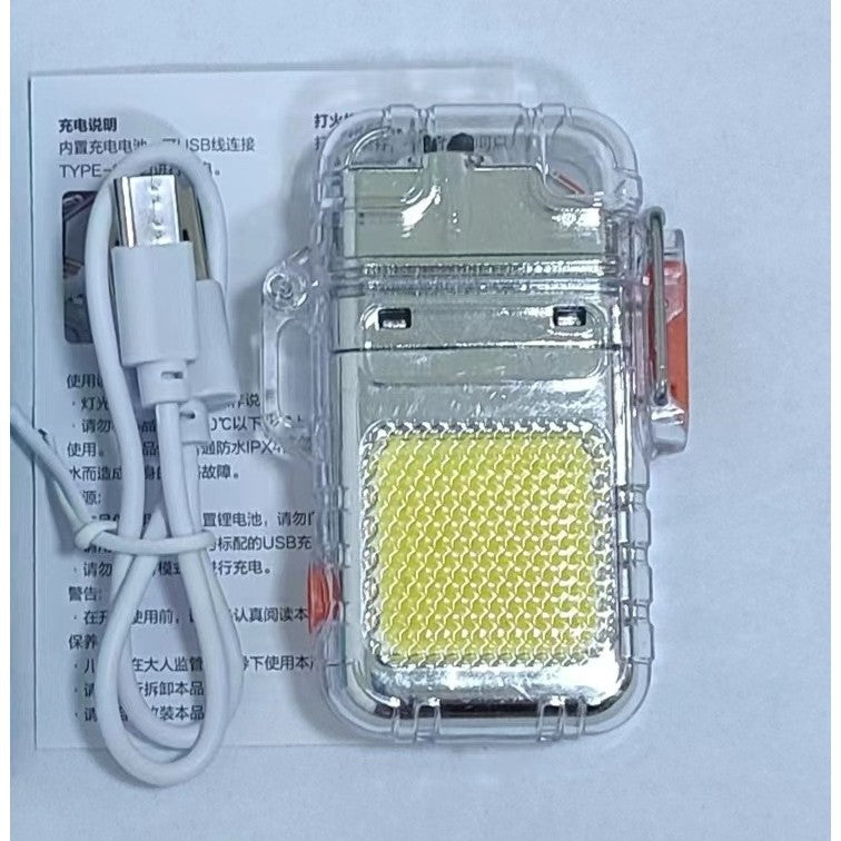 Lanternă Tip Breloc cu Brichetă Electrică, Tehnologie COB 220 Lumeni, Impermeabilă IP65, Încărcare USB-C, Aliaj Zinc și ABS, 300 mAh, 3 Moduri Iluminare, Argintiu