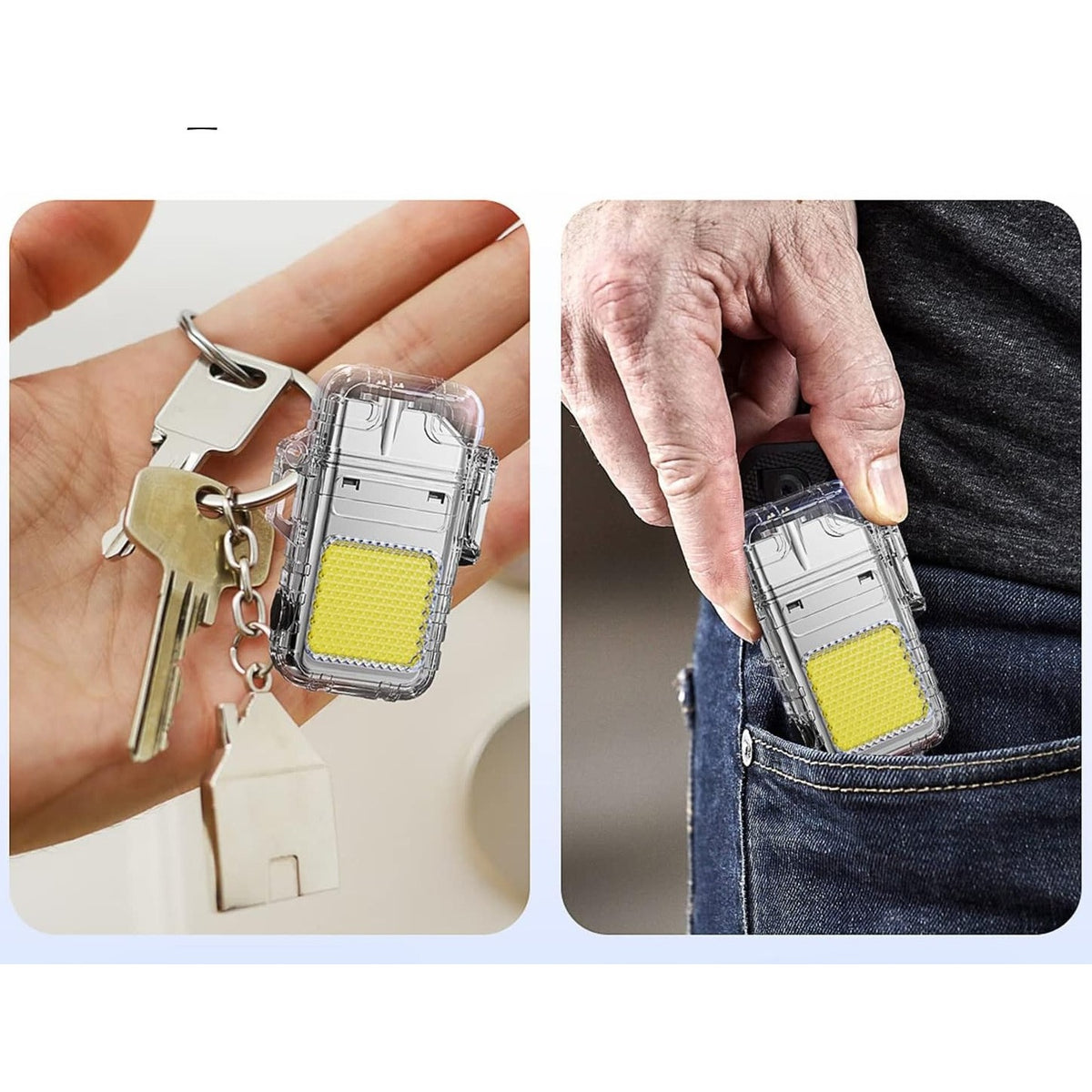 Lanternă Tip Breloc cu Brichetă Electrică, Tehnologie COB 220 Lumeni, Impermeabilă IP65, Încărcare USB-C, Aliaj Zinc și ABS, 300 mAh, 3 Moduri Iluminare, Argintiu