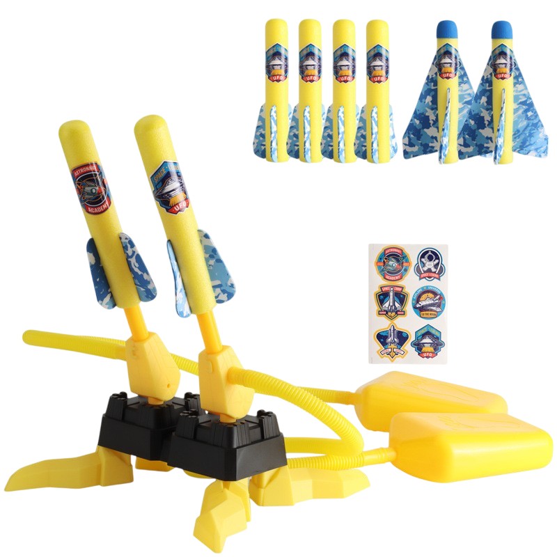 Lansator Dublu de Rachete pentru Copii, Joc de Exterior cu 2 Pedale Actionate prin Calcare, Plastic, 6 Rachete Incluse, 45x18 cm, Galben