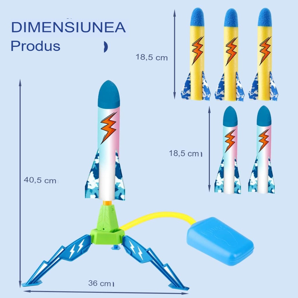 Lansator de Rachete pentru Copii, Joc de Exterior cu Actionare prin Pedala, Jucarie Interactiva de Gradina, Plastic si Spuma, 6 Rachete Incluse, Multicolor