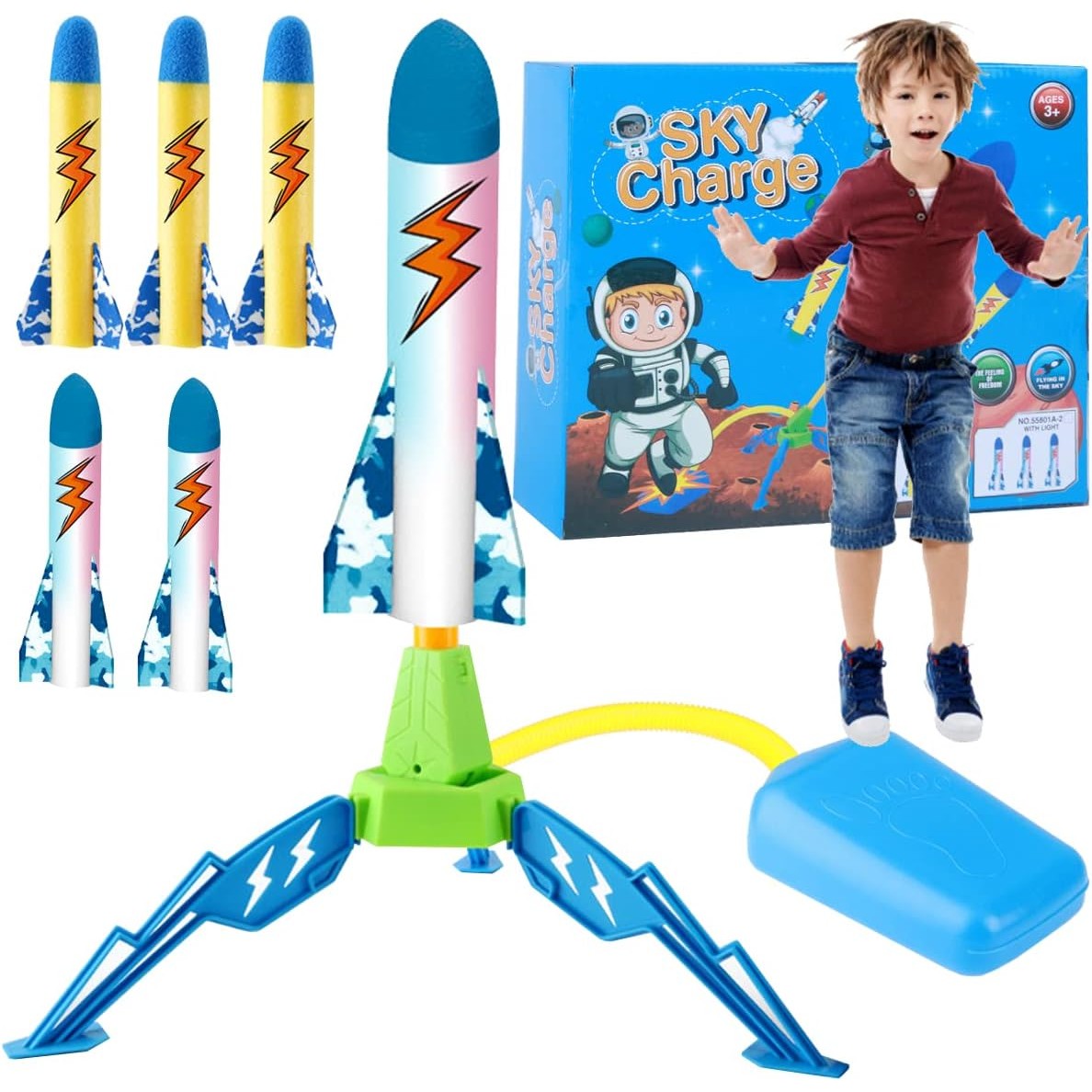 Lansator de Rachete pentru Copii, Joc de Exterior cu Actionare prin Pedala, Jucarie Interactiva de Gradina, Plastic si Spuma, 6 Rachete Incluse, Multicolor