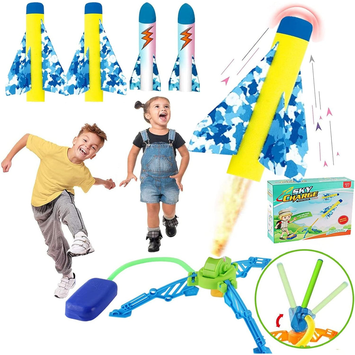 Jucarie Lansator de Rachete cu Pedala Pneumatica pentru Exterior, Set Interactiv din Burete, 4 Rachete Incluse, Inaltime 40.5 cm, Multicolor