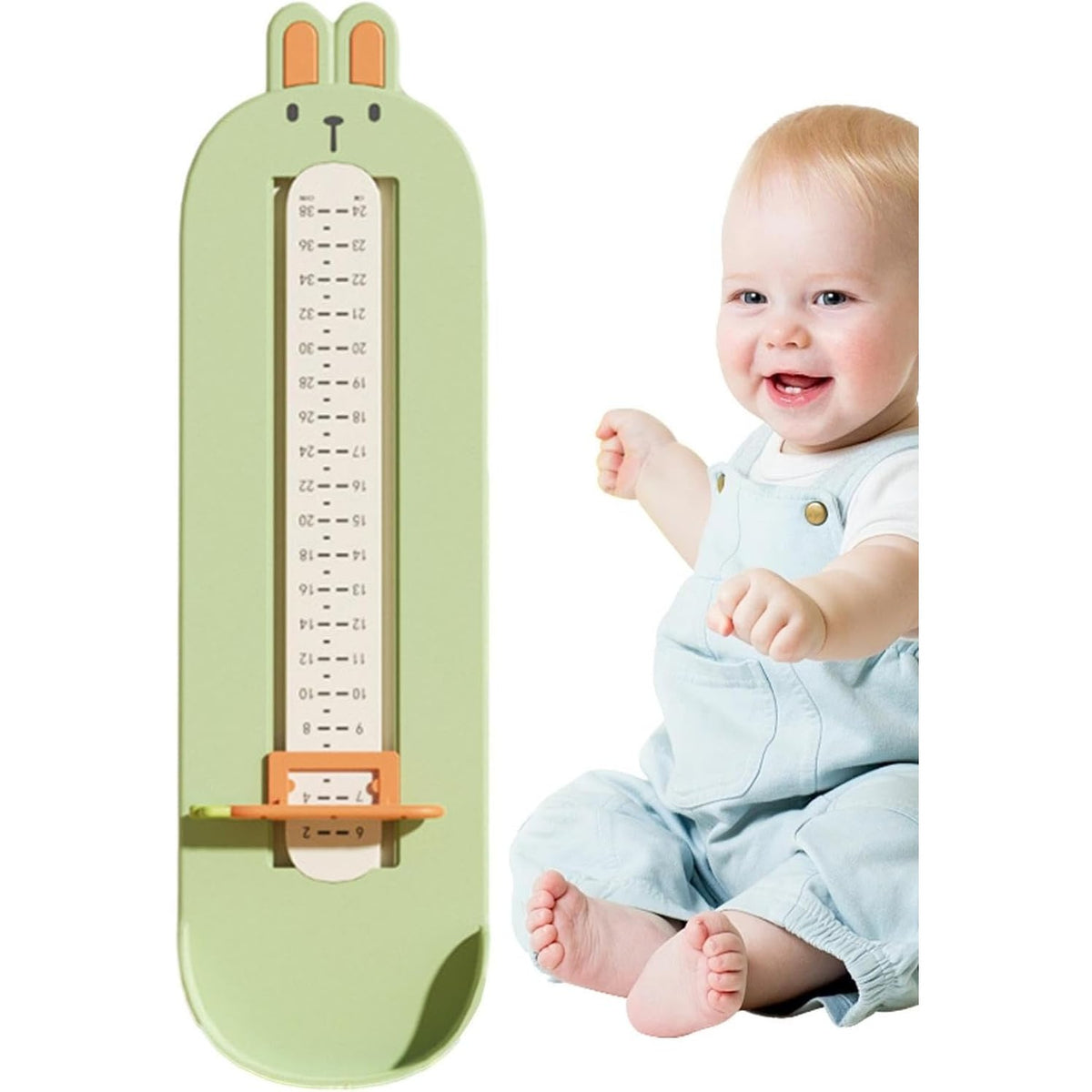 Dispozitiv de Masurat Talpa Piciorului pentru Bebelusi si Copii, Rigla Masurare Incaltaminte cu Deflector Glisant, Material Plastic ABS, Model Iepuras, 32 x 9 cm, Verde