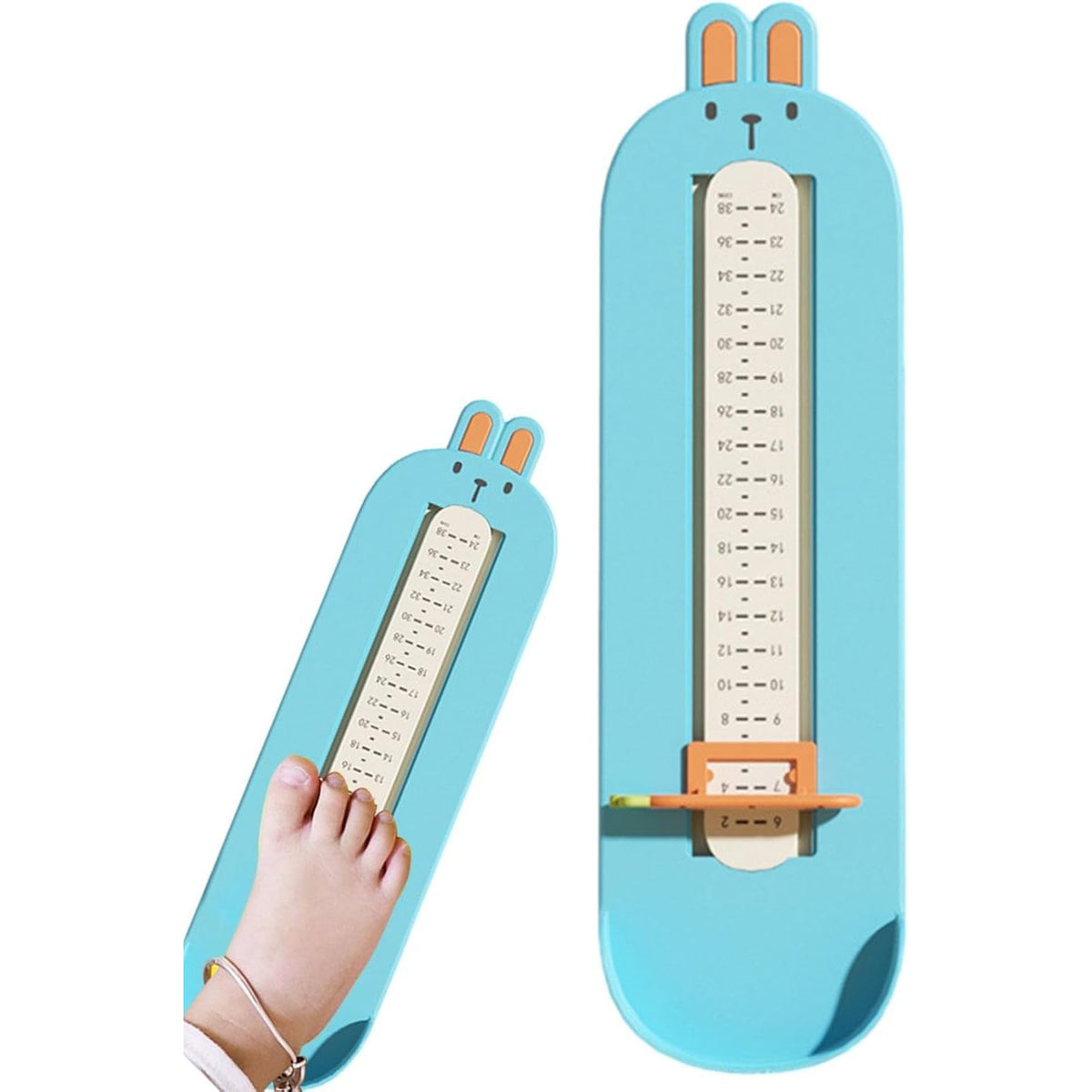 Dispozitiv Masurat Talpa Piciorului pentru Bebelusi si Copii, Rigla Masurare Incaltaminte cu Cursor Reglabil, Plastic ABS, Model Iepuras, Albastru, 32 x 9 cm