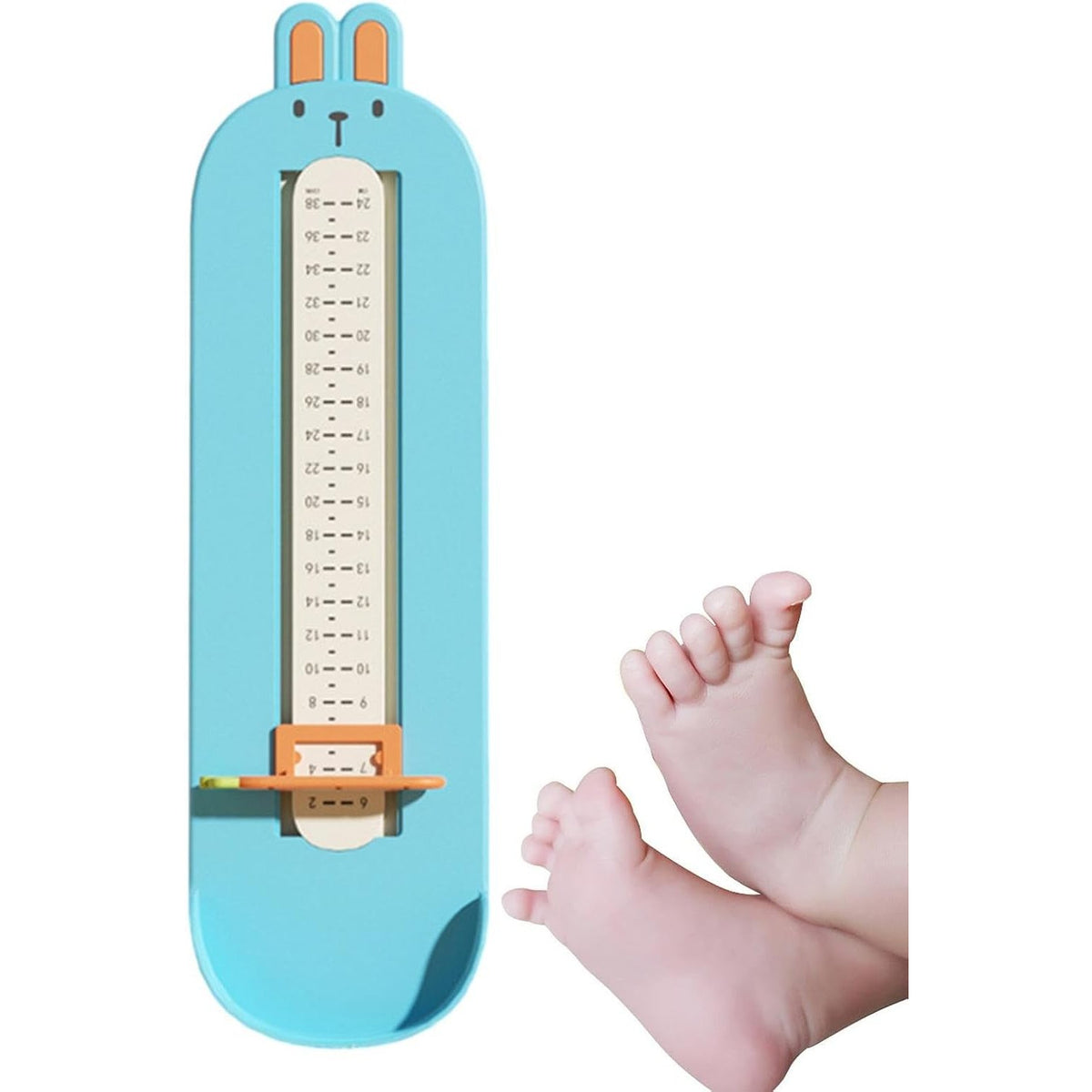 Dispozitiv Masurat Talpa Piciorului pentru Bebelusi si Copii, Rigla Masurare Incaltaminte cu Cursor Reglabil, Plastic ABS, Model Iepuras, Albastru, 32 x 9 cm