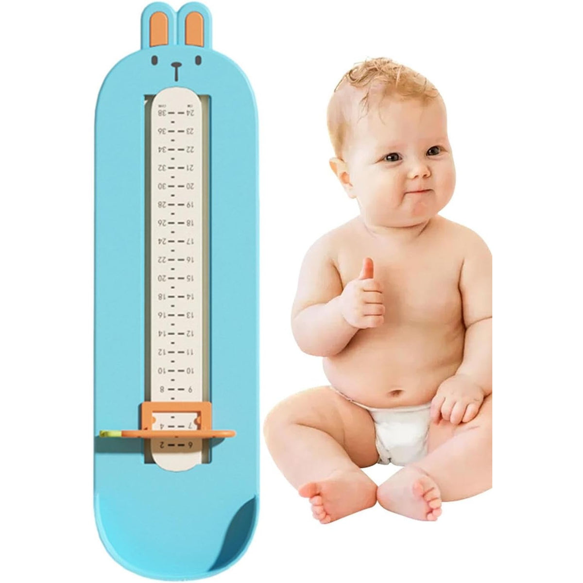 Dispozitiv Masurat Talpa Piciorului pentru Bebelusi si Copii, Rigla Masurare Incaltaminte cu Cursor Reglabil, Plastic ABS, Model Iepuras, Albastru, 32 x 9 cm