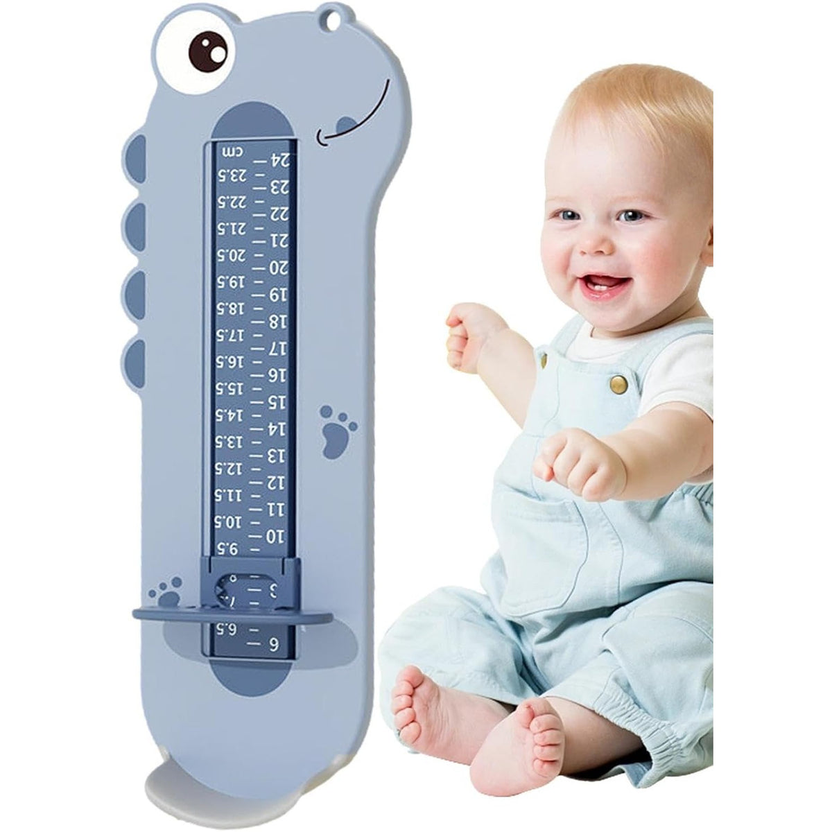 Dispozitiv de Masurat Talpa Piciorului pentru Bebelusi si Copii, Rigla Masurare Incaltaminte cu Cursor Glisant, Plastic ABS fara BPA, Model Dinozaur, Albastru, 31 cm