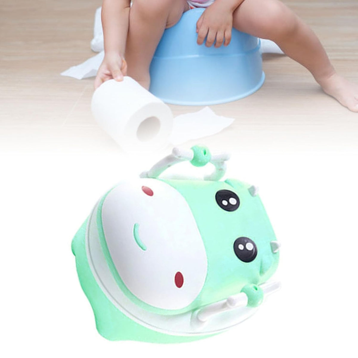 Olita pentru Copii, Design Vacuta cu Manere si Capac PU Moale, Compartiment Detasabil, Anti-Alunecare, Include Perie Curatare, Plastic Non-Toxic, Verde