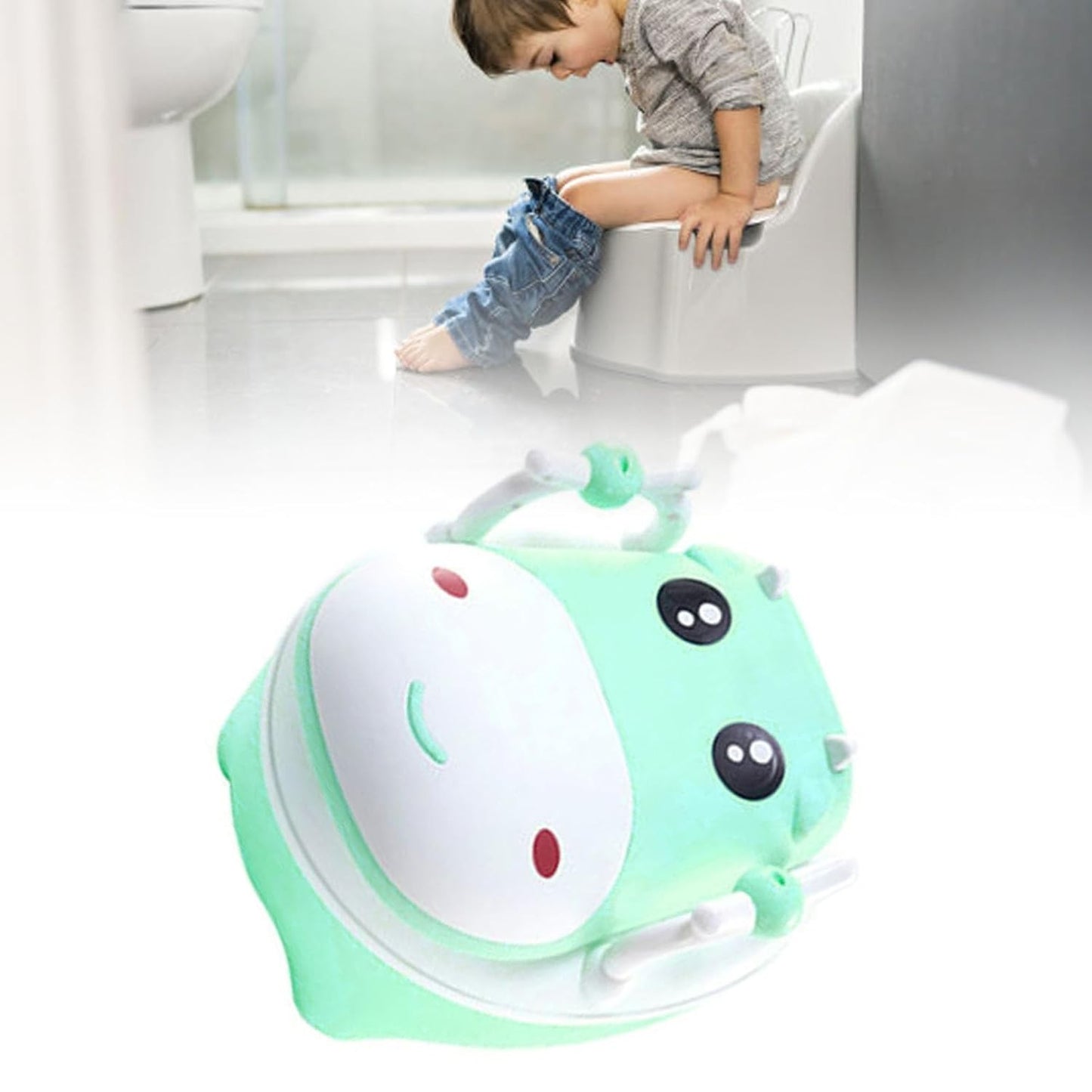 Olita pentru Copii, Design Vacuta cu Manere si Capac PU Moale, Compartiment Detasabil, Anti-Alunecare, Include Perie Curatare, Plastic Non-Toxic, Verde