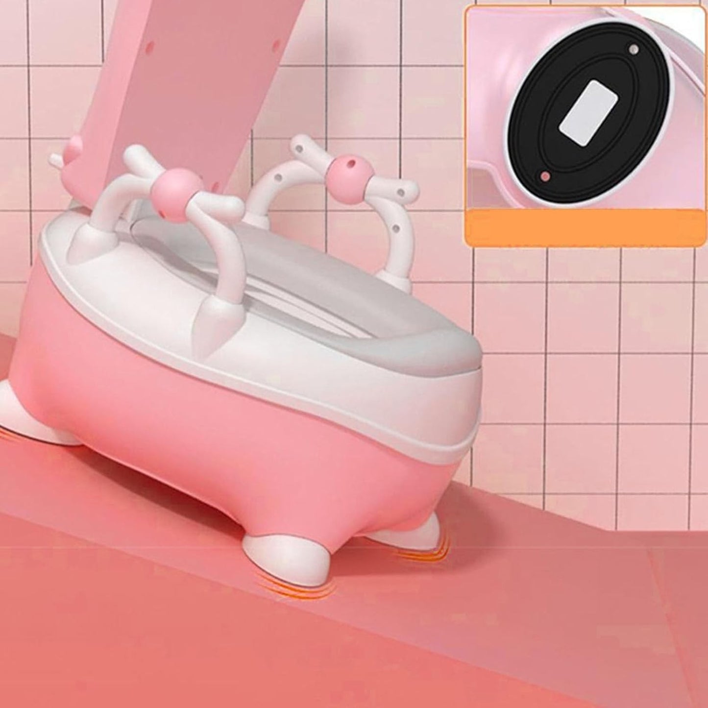 Olita pentru Copii, Design Vacuta cu Manere si Spatar, Sezut Moale PU, Compartiment Detasabil, Plastic Non-Toxic, Include Perie de Curatat, +1 An, Roz