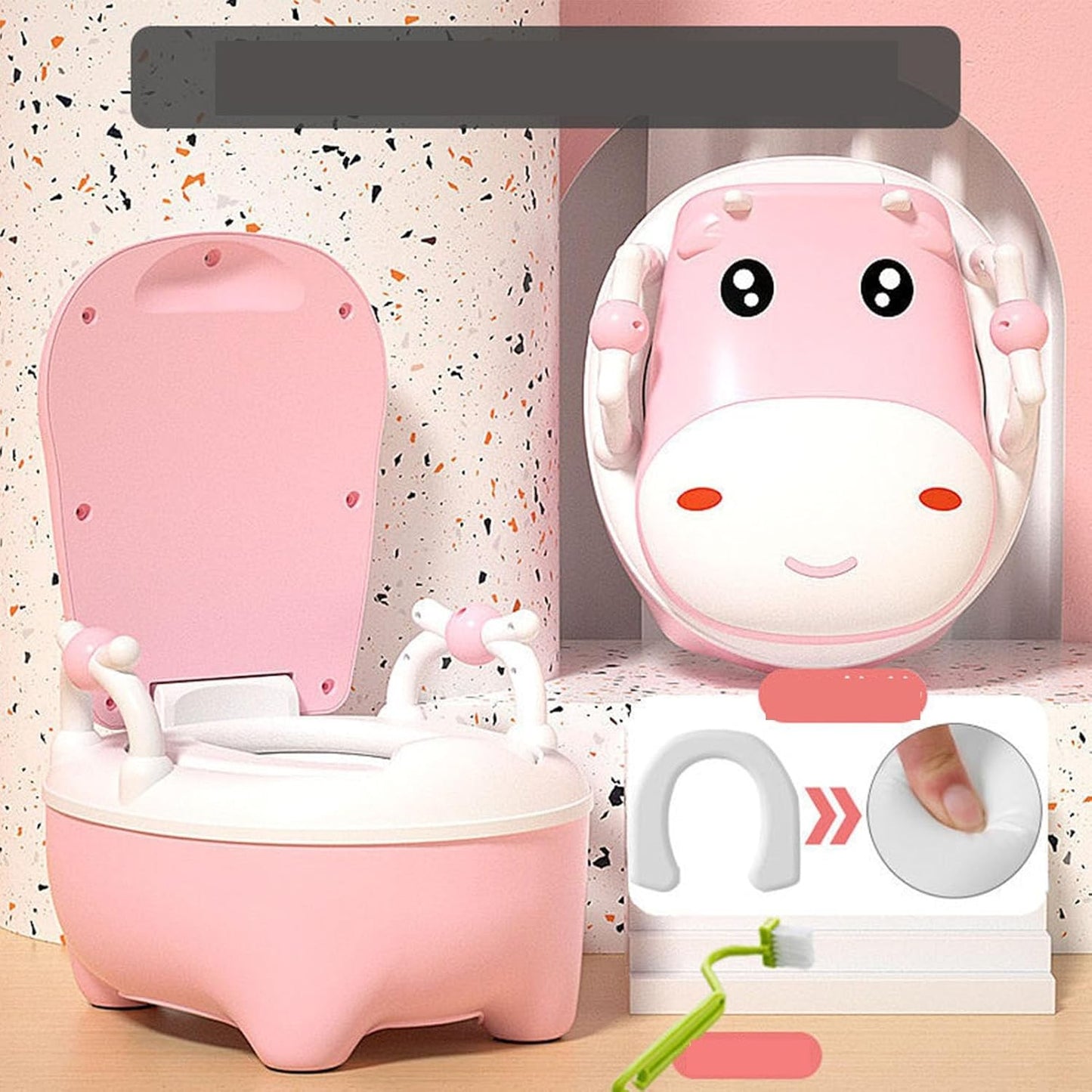 Olita pentru Copii, Design Vacuta cu Manere si Spatar, Sezut Moale PU, Compartiment Detasabil, Plastic Non-Toxic, Include Perie de Curatat, +1 An, Roz
